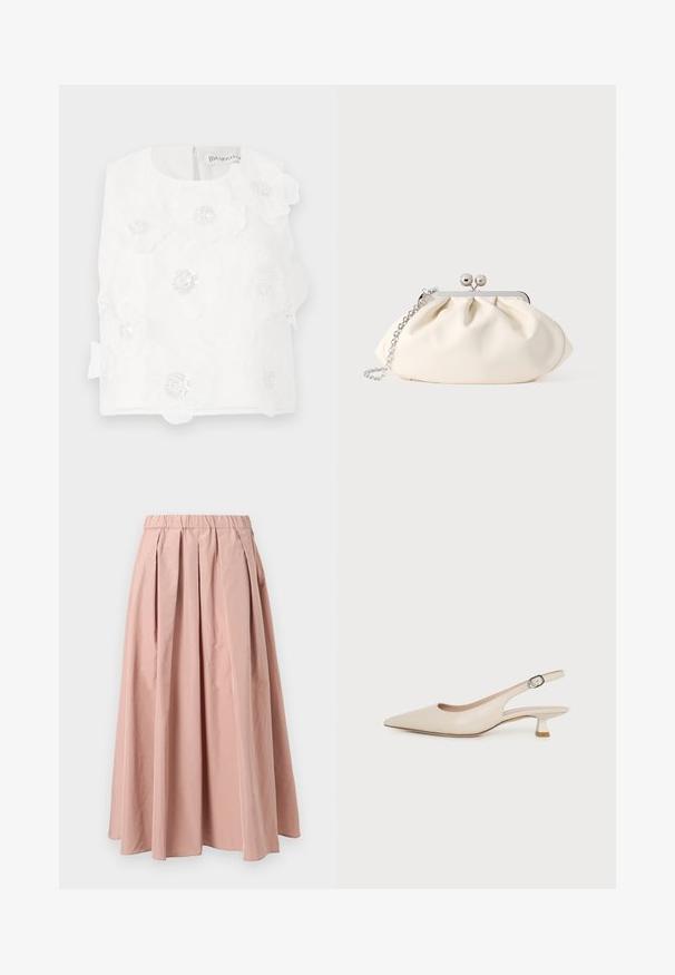 Haut blanc sans manches avec broderie florale et paillettes. Encolure arrondie avec fermeture éclair au dos et un nœud décoratif sur le côté.; Jupe plissée rose clair avec une taille élastique, présentant une texture de tissu douce et un design fluide s'étendant jusqu'à mi-mollet.; Chaussure slingback beige à bout pointu avec un petit talon kitten et une boucle latérale réglable sur fond blanc uni.; Pochette en tissu crème avec un design froncé, cadre en métal argenté, deux boules décoratives, et une bandoulière chaîne argentée.