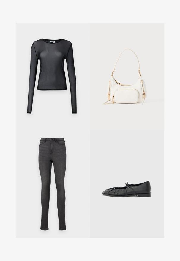Haut noir à manches longues en maille transparente avec col rond et silhouette ajustée, présenté sur un fond uni.; Jean skinny en denim gris foncé, avec une taille haute, des passants de ceinture et une fermeture à un bouton. Pas de déchirures ni de motifs visibles.; Chaussure plate noire avec design plissé à l'avant et un nœud noué sur le dessus, petit talon, et texture lisse sur un fond gris clair.; Sac à main blanc avec une bandoulière courte, surface texturée, plusieurs poches zippées et accents en métal doré. Design compact et moderne.