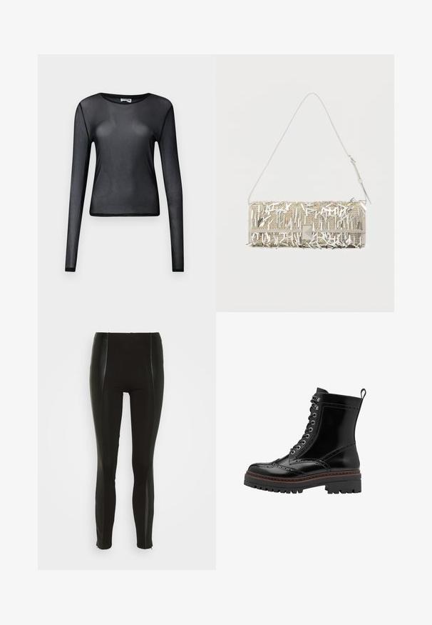 Zwarte lange mouwen doorzichtige mesh top met ronde hals en aansluitende pasvorm, weergegeven op een effen achtergrond.; Zwarte leggings met een hoge tailleband, voorzien van glanzende zijpanelen en scherpe stiksels. De stof is rekbaar met een gladde textuur.; Zwarte leren enkelboots met brogue-details, vetersluiting aan de voorkant en een dikke rubberen zool. Voorzien van een stevige hak en een aantreklus.; Metalen zilveren handtas met franjes, een getextureerd oppervlak en een smalle schouderriem. Heeft een rechthoekige vorm en een drukknoopsluiting.