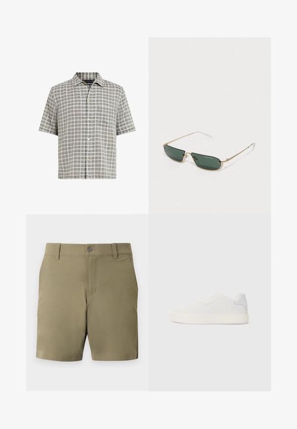 Kortærmet skjorte i gråternet mønster, med knap-ned krave, forlommer og let stofstruktur med cremefarvede detaljer.; Khaki-farvede chino-shorts med bæltestropper, forreste knaplukning og sidelommer på en ensartet lys baggrund.; Hvid sneaker med glat syntetisk overdel, rund tå og flad hvid sål. Har tonale syninger og minimal branding på siden.; Rektangulære solbriller med mørkegrønne linser og stel i guldmetal. Har tynde templer med klare accenter og logo på linsen.