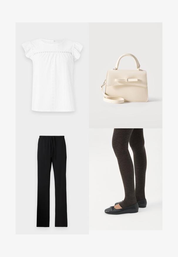 Haut blanc à manches courtes en tissu texturé avec des motifs à œillets. Doté d'un corsage froncé et de manches volantes, créant une silhouette décontractée.; Pantalon à taille élastique noire avec cordon de serrage, présentant une texture lisse et des jambes droites et longues sans poches.; Jambes portant des leggings côtelés foncés associés à des ballerines noires avec de petits détails en nœud sur fond blanc.; Petit sac à main beige avec poignée supérieure, bandoulière amovible, rabat avant et nœud horizontal décoratif sur un fond uni.
