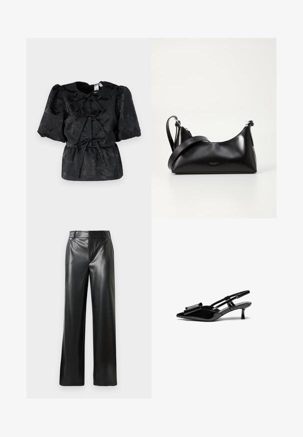 Top negro con mangas cortas abullonadas, que presenta un patrón floral texturizado y una cintura con cordón. Fabricado en un tejido brillante con un sutil brillo.; Pantalones de cuero negro de pierna ancha con una textura suave, que cuentan con una cinturilla de altura media y sutiles líneas de pliegue delantero.; Zapatos de tacón slingback de charol negro con punta afilada, detalle de lazo en el frente y un pequeño tacón de aguja. Las correas tienen hebillas ajustables.; Bolso de mano de cuero negro con una textura suave. Cuenta con una correa ajustable y un diseño elegante y minimalista con cierre de cremallera.