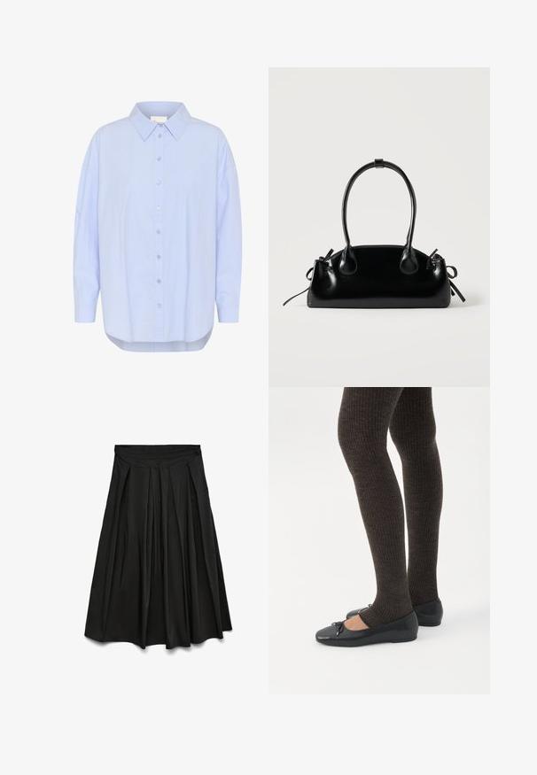 Camisa de botón azul claro con cuello puntiagudo, mangas largas y dobladillo curvado. Textura suave con detalles de botones visibles.; Falda midi negra plisada con cinturilla alta, silueta acampanada y textura de tela suave.; Piernas con leggings oscuros acanalados combinados con bailarinas negras que presentan pequeños detalles de lazo sobre un fondo blanco.; Pequeño bolso negro brillante con dos asas largas y detalles de cordón lateral sobre un fondo claro liso.