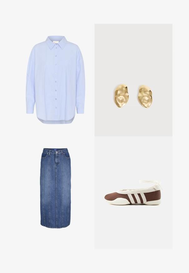 Helles blaues, knopfbares Hemd mit spitzem Kragen, langen Ärmeln und abgerundetem Saum. Glatte Textur mit sichtbaren Knopfdetails.; Blauer Denim-Midirock mit vertikalen Nähten, vorderer Knopf- und Reißverschluss, Gürtelschlaufen und Fronttaschen.; Brauner und weißer Ballerinaschuh mit drei weißen Streifen und einer Schleife zum Binden am Knöchel auf einem schlichten hellen Hintergrund.; Paar glänzende, unregelmäßig geformte Ohrstecker aus Goldmetall mit zerknitterter, glatter Oberfläche auf schlichtem hellem Hintergrund.