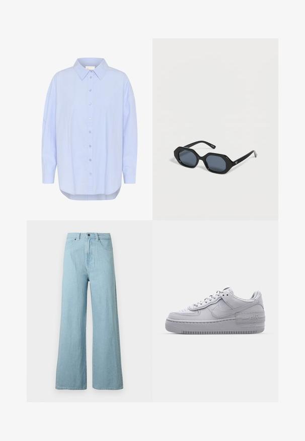 Lys blå skjorte med knapkrave, lange ærmer og bølget kant. Glat tekstur med synlige knapdetaljer.; Lyseblå vidbenede denimjeans med frontknap, lynlåslukning, bæltestropper og sidelommer på en hvid baggrund.; Grå Nike Air Force 1 sneakers med perforeret tå, glat læderoverdel, tyk sål og præget 'AIR' detalje på hælen.; Sorte geometriske ottetakts solbriller med mørke tonede linser og slanke arme med et lille hjerte-logo.