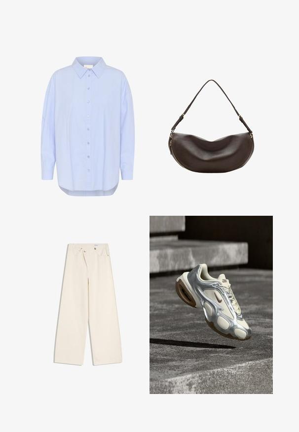Helles blaues, knopfbares Hemd mit spitzem Kragen, langen Ärmeln und abgerundetem Saum. Glatte Textur mit sichtbaren Knopfdetails.; Off-White weite Hosen mit Vordertaschen, Gürtelschlaufen und silbernen Knöpfen an Bund und Taschenrändern.; Cremefarbener und metallisch silberner Sportschuh schwebt über Betontreppen, ausgestattet mit braunen Gummisohlen und Nike-Logo.; Dunkelbraune Leder-Schultertasche mit geschwungener Form, verstellbarem Riemen und goldenem Reißverschluss entlang des unteren Randes.