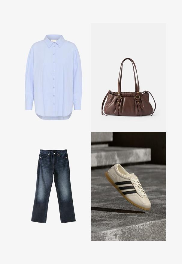 Lys blå skjorte med knapkrave, lange ærmer og bølget kant. Glat tekstur med synlige knapdetaljer.; Mørkeblå jeans med lige ben, forlommer, bæltestropper, knaplukning og let falmning på lårene og knæene.; Hvid sneaker med sorte striber og gummisål svæver over betontrapper i blødt dagslys.; Brun læderhåndtaske med to lange håndtag, samlet design, aksenter i guldtonet metal og en tekstureret overflade.
