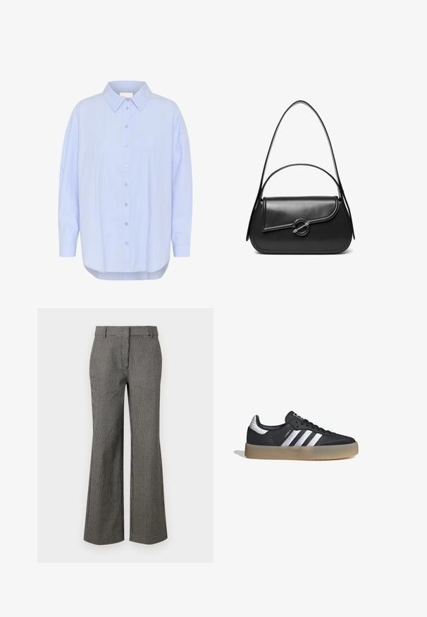 Camisa de botón azul claro con cuello puntiagudo, mangas largas y dobladillo curvado. Textura suave con detalles de botones visibles.; Pantalones de pierna ancha a rayas en blanco y negro. Hechos de una tela ligera con una textura suave. Presentan una cintura y bolsillos frontales.; Zapatilla deportiva de cuero negro con tres rayas plateadas, punta texturizada y suela de goma. Cuenta con un collar acolchado y un diseño con cordones.; Bolso de hombro de cuero negro con una solapa curva asegurada por un broche metálico redondo y una correa delgada y ajustable.