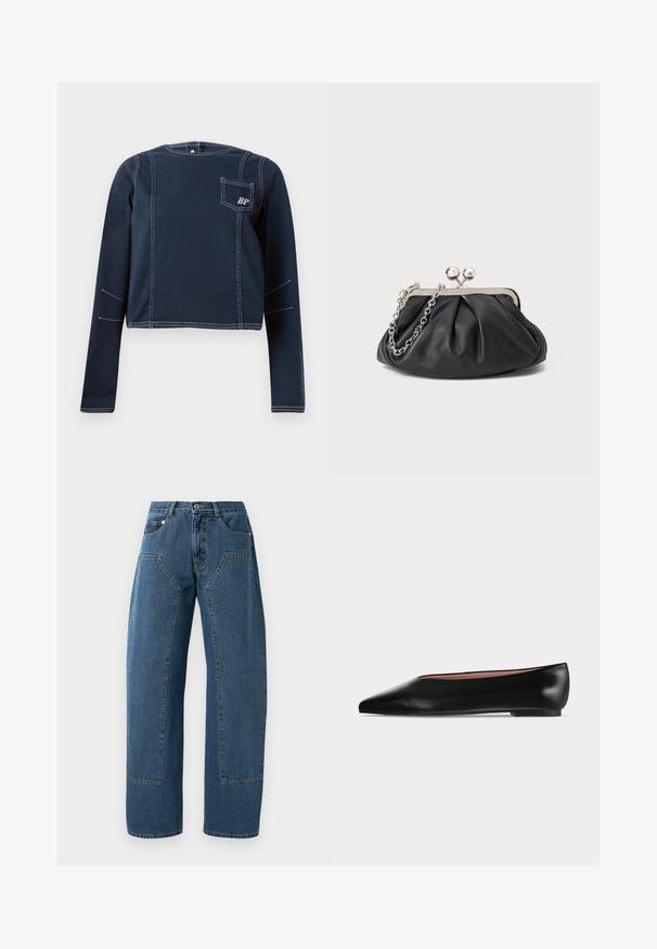 Crop top en denim bleu foncé, avec des manches longues, des coutures blanches et une poche poitrine arborant un logo. Design simple et structuré.; Jean en denim bleu à jambes larges, avec de grandes poches avant à rabat, fermeture à bouton et passants de ceinture.; Chaussure plate en cuir noir pour femme, avec bout pointu et petit talon, vue de côté sur un fond gris clair uni.; Porte-monnaie en cuir noir avec texture froncée, cadre en métal argenté, fermeture à verrouillage kiss-lock et bandoulière en chaîne. Surface lisse et douce.