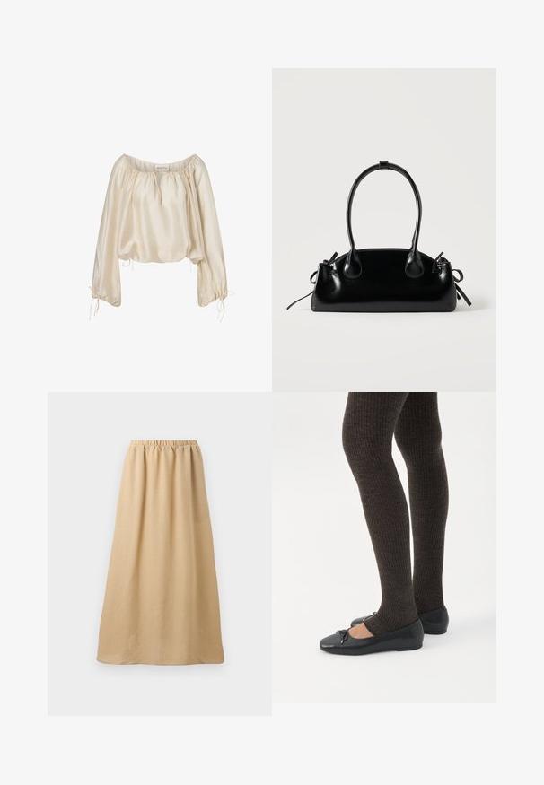 Blouse en satin couleur crème avec manches longues bouffantes, encolure froncée, et liens à cordons aux poignets et à l'ourlet.; Jupe longue beige avec taille élastique, en tissu texturé léger, présentée sur fond blanc uni.; Jambes portant des leggings côtelés foncés associés à des ballerines noires avec de petits détails en nœud sur fond blanc.; Petit sac à main noir brillant avec deux longues anses et des détails à cordon sur les côtés sur un fond clair uni.