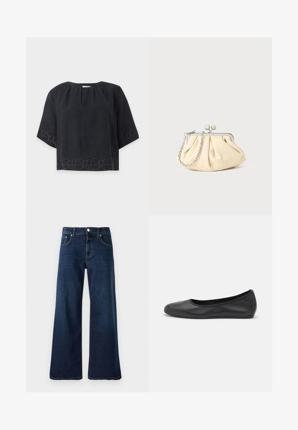 Blouse noire ample à manches courtes avec col rond et broderie subtile en boucles le long de l’ourlet et des bords des manches sur fond uni.; Jean taille haute bleu foncé à jambes larges avec bouton et fermeture éclair à l'avant, poches avant et arrière, et passants pour ceinture.; Ballerines en cuir noir avec un bout rond, texture lisse, détails de couture minimalistes et design de semelle flexible.; Pochette en cuir beige plissé avec un cadre en métal argenté, dotée de deux fermoirs ronds décoratifs et d'une chaîne en argent.