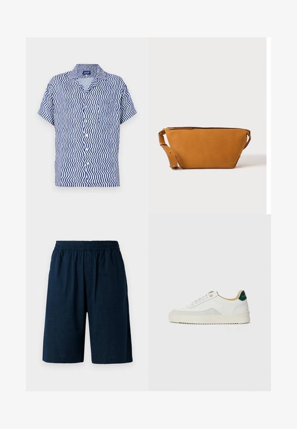 Hemd mit kurzen Ärmeln aus weißem Stoff mit blauem Wellenmuster, das einen Kragen, eine Knopfleiste und eine einzelne Brusttasche aufweist.; Navyblaue Shorts aus leichtem Material, mit elastischem Bund und lockerer Passform, ausgestattet mit zwei Seitentaschen.; Weiße Sneaker mit Wildlederelementen, runder Zehenpartie, flachen Schnürsenkeln und einer cremefarbenen Gummisohle. Mit grünen Markenlogo am Fersenbereich.; Hellbraune Leder-Umhängetasche mit verstellbarem Schulterriemen und Reißverschluss, vor einem schlichten hellen Hintergrund gezeigt.