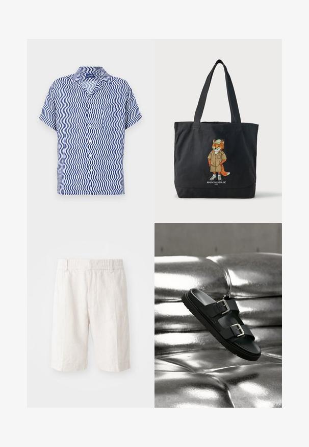 Kortærmet skjorte i hvidt stof med blåt bølge mønster, med krave, knaplukning foran og en enkelt brystlomme.; Linnedeleshorts i lys beige med elastisk talje, sidelommer og lige snit. Glat tekstur med minimal synlig syning.; Sort slidesandal med to justerbare spænder, svævende over en skinnende metallisk sølv tuftet overflade.; Sort mulepose med to håndtag, med illustration af en ræv iført hat og shorts samt teksten "Maison Kitsuné Paris" nedenunder.