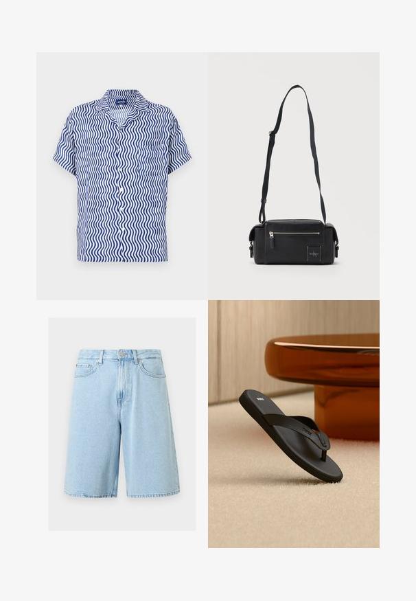 Kortærmet skjorte i hvidt stof med blåt bølge mønster, med krave, knaplukning foran og en enkelt brystlomme.; Lyseblå denim knælange shorts med frontknap, lynlås, bæltestropper og fem-lomme-design på hvid baggrund.; Sort BOSS flip-flop sandal på et beige tæppe med et stort rundt bord i ravfarve i baggrunden.; Sort rektangulær crossbody taske med frontlynlåslomme, justerbar skulderrem og lille Calvin Klein logo-patch.