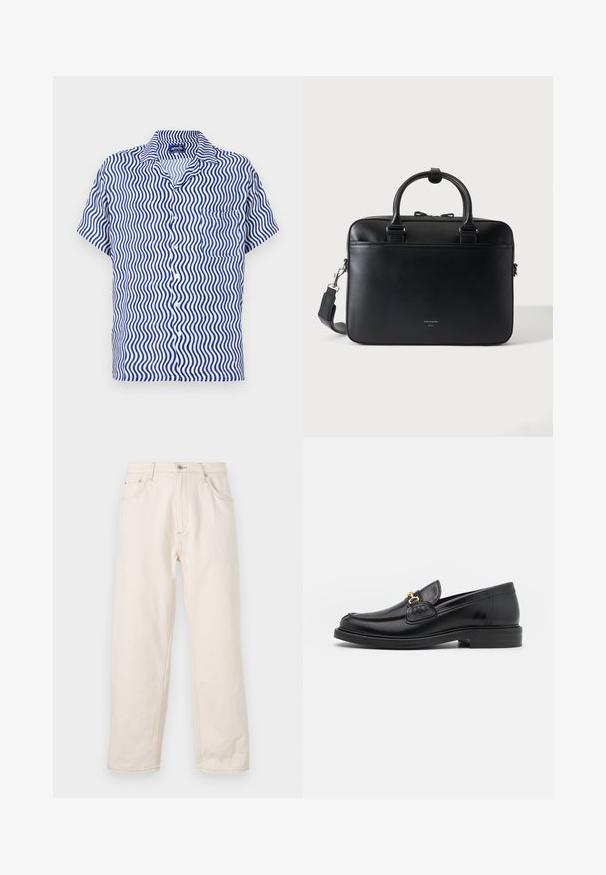 Hemd mit kurzen Ärmeln aus weißem Stoff mit blauem Wellenmuster, das einen Kragen, eine Knopfleiste und eine einzelne Brusttasche aufweist.; Beige gleich geschnittene Jeans aus Denim, mit Knopfverschluss, fünf Taschen und sichtbaren Nähten. Glatte Textur.; Schwarze Lederleter mit einer abgerundeten Zehenpartie, ausgestattet mit goldenen Hardwareakzenten und Stichdetails, auf einer niedrigen, strukturierten Gummisohle.; Schwarze Lederaktentasche mit doppelten Griffen und abnehmbarem Schulterriemen, minimalistisches Design auf einfarbigem Hintergrund.