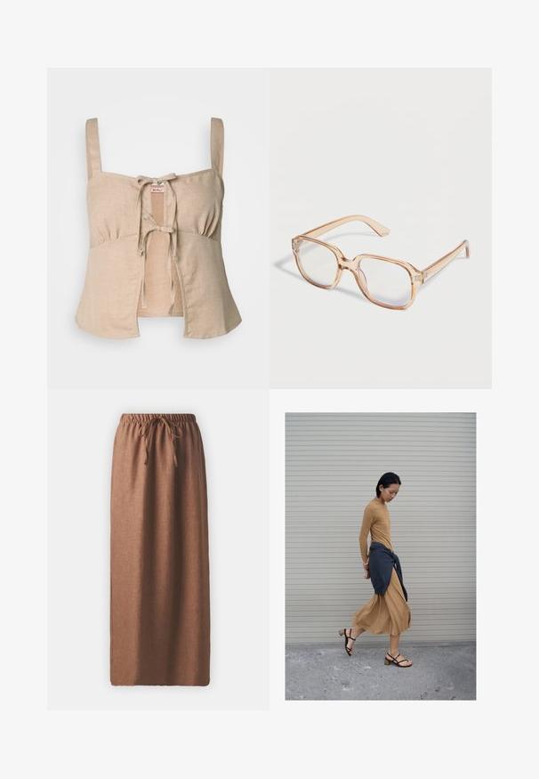 Beige linnekort top med tynde stropper og lukning med knude foran. Har detaljer med samlinger og en flagrende kant. Glat tekstur.; Brun linen maxi nederdel med en tekstureret overflade, der har en elastisk talje og en snor til justerbar pasform.; Kvinde iført en lang beige kjole og sorte sandaler med en mørk trøje bundet omkring taljen foran en lukket rullegardin.; Gennemsigtige lysebrune rektangulære brilleindfatninger med klare glas vist på en hvid baggrund.