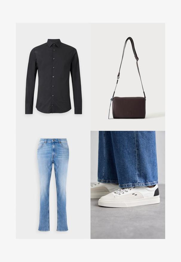 Sort skjorte med lange ærmer og knapper, med spids krave, vist fladt på en hvid baggrund.; Lyseblå denim jeans med lige pasform og let flare ved anklerne. Har klassisk fem-lommers design og messingknaplukning.; Hvide og sorte sneakers med en glat læderoverdel, teksturerede detaljer og en kraftig hvid sål. Har et klassisk snørebåndsdesign.; Mørkebrun textured læder crossbody taske med justerbar rem og lille dekorativ blå accent på siden.