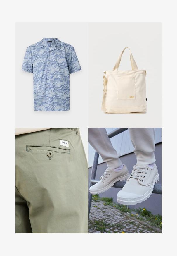 Kurzarmhemd in Hellblau mit Wellenmuster. Aus weichem Stoff gefertigt, mit Knopfleiste und einem Kragen im Camp-Stil.; Helle olivgrüne Baumwollhose mit einer Gesäßtasche, ausgestattet mit einem Knopfverschluss und einem kleinen Markenetikett, das über der Tasche aufgenäht ist.; Beige Segeltuchschuhe mit strukturierten Gummisohlen, runden Schnürsenkeln, verstärkter Zehenpartie und schlankem Silhouette. Auf einem Metallgeländer platziert.; Beige Canvas-Shopper mit Fronttasche, zwei Griffen, verstellbarem Schulterriemen und kleinem gelbem "O.N.S"-Text unten rechts auf der Tasche.