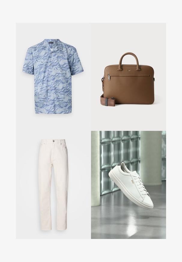 Kortærmet skjorte i lys blå med et bølgemønster. Lavet af blødt stof, med en knappet front og en camp-style krave.; Hvide denim jeans med lige ben, med knap- og lynlåslukning, bæltestropper samt for- og baglommer, præsenteret på en ensfarvet baggrund.; Hvid læder lav-top sneaker med snørebånd, sort hælflig og "BOSS"-logo, svævende indendørs nær glasblok væg og poleret gulv.; Brun lædermappe med top håndtag, lomme foran med lynlås og aftagelig matchende skulderrem på hvid baggrund.