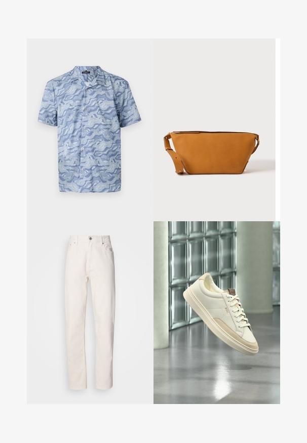 Kortærmet skjorte i lys blå med et bølgemønster. Lavet af blødt stof, med en knappet front og en camp-style krave.; Hvide denim jeans med lige ben, med knap- og lynlåslukning, bæltestropper samt for- og baglommer, præsenteret på en ensfarvet baggrund.; Hvid lavtop sneaksko med beige accenter og snørebånd, mærket "BOSS", svæver over en poleret gulv med en glasblokvæg i baggrunden.; Lys brun læder crossbody taske med justerbar rem og lynlås, vist mod en ensartet lys baggrund.