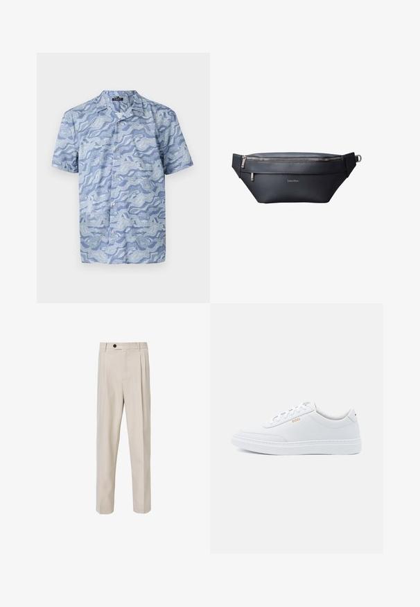 Kortærmet skjorte i lys blå med et bølgemønster. Lavet af blødt stof, med en knappet front og en camp-style krave.; Beige skræddersyede bukser med lige ben-design, der har frontplisseringer, knaplukning og en glat tekstur.; Hvide lædersneakers med glat tekstur, rund tå og ton-i-ton syning. Har blå snørebånd og et gult logo på siden.; Sort læder Calvind Klein bæltetaske med to lynlåslommer og justerbar rem med metalspænde.