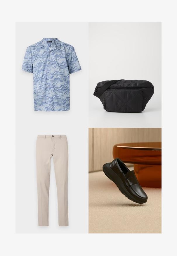 Kurzarmhemd in Hellblau mit Wellenmuster. Aus weichem Stoff gefertigt, mit Knopfleiste und einem Kragen im Camp-Stil.; Beige Slim-Fit-Hose mit Gürtelschlaufen, Knopfverschluss und vorderlichem Reißverschluss, flach auf weißem Hintergrund dargestellt.; Schwarzer Ledermokassin mit dicker Sohle, dargestellt über beigem Teppich und nahe einer runden bernsteinfarbenen Tischbasis.; Schwarze quilted Schultertasche mit einer Reißverschlusstasche auf der Vorderseite, verstellbarem Tragegurt und geometrischem Muster, das in den Stoff gestickt ist.