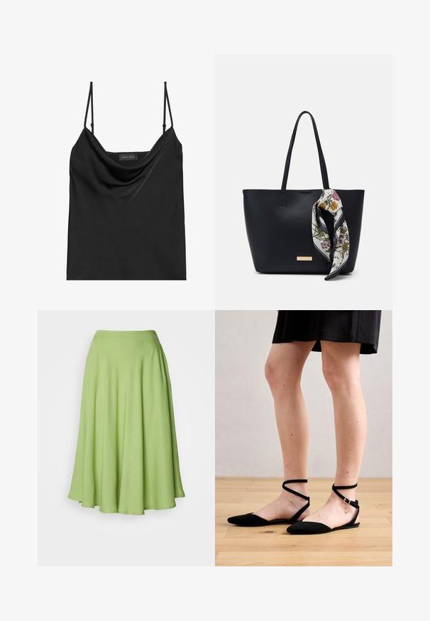 Zwarte cami-top met een colhals en dunne verstelbare bandjes. Heeft een zachte stof, relaxed fit en een eenvoudig ontwerp zonder versieringen.; Knielange A-lijn rok van levendig groene stof. Glad textuur met een brede tailleband en een vloeiende silhoeet.; Zwarte suède platte sandaaltjes met een spitse neus, voorzien van enkelbanden die kruisen en een gesp sluiting. Gladde textuur en minimalistisch ontwerp.; Zwarte leren tote bag met twee schouderriemen, voorzien van een zijden sjaal met bloemenprint die aan de handgreep is geknoopt en een metallic logo-accent aan de voorkant.