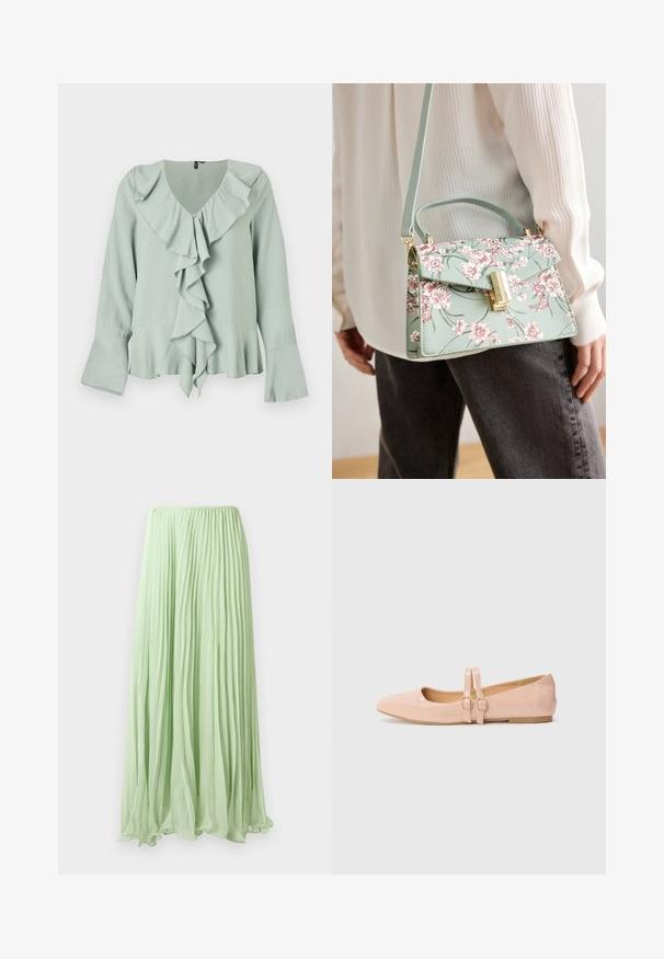 Blusa verde claro con escote en V, detalle de volantes en la parte frontal, mangas largas con puños acampanados y una silueta fluida.; Falda larga plisada verde claro con tela fluida y cinturilla elástica, exhibida contra un fondo blanco.; Bailarinas de charol rosa pálido con punta afilada, que presentan dos correas ajustables y una suela de goma baja y plana.; Bolso de mano con estampado floral en verde menta, de forma estructurada, con detalles en oro y un asa superior. El diseño presenta flores rosas y hojas verdes.