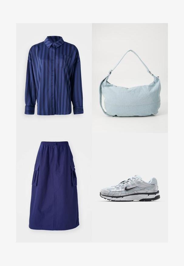 Marineblauw gestreepte shirt met kraag, borstzak en lange mouwen. Gemaakt van een gladde, glanzende stof met een losse pasvorm.; Marineblauwe, middellange rok met een elastische tailleband, voorzien van twee zijcargo pockets en een minimale logo-opdruk. Gladde stoftextuur.; Nike P-6000 sneakers met een lichtgrijze mesh bovenkant, zwarte accenten en een duurzame zwarte rubberen zool. Kenmerkt zich door een ingewikkeld ontwerp en vetersysteem.; Lichtblauwe denim schoudertas met een ronde vorm, verstelbare schouderband en subtiele stiksels langs de onderrand. Zachte textuur.