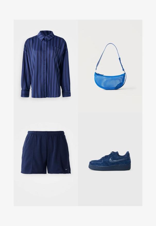 Marineblauw gestreepte shirt met kraag, borstzak en lange mouwen. Gemaakt van een gladde, glanzende stof met een losse pasvorm.; Marineblauwe sportshorts gemaakt van zachte stof met een elastische tailleband; voorzien van zijzakken en een klein zilveren logo op de zoom.; Donkerblauwe suède sneakers met een glad leren swoosh, ronde neus, vetersluiting en een gestructureerde rubberen buitenzool. Voorzien van "AIR"-branding.; Blauwe mesh schoudertas met verstelbare riem en ritssluiting, getoond tegen een effen witte achtergrond.