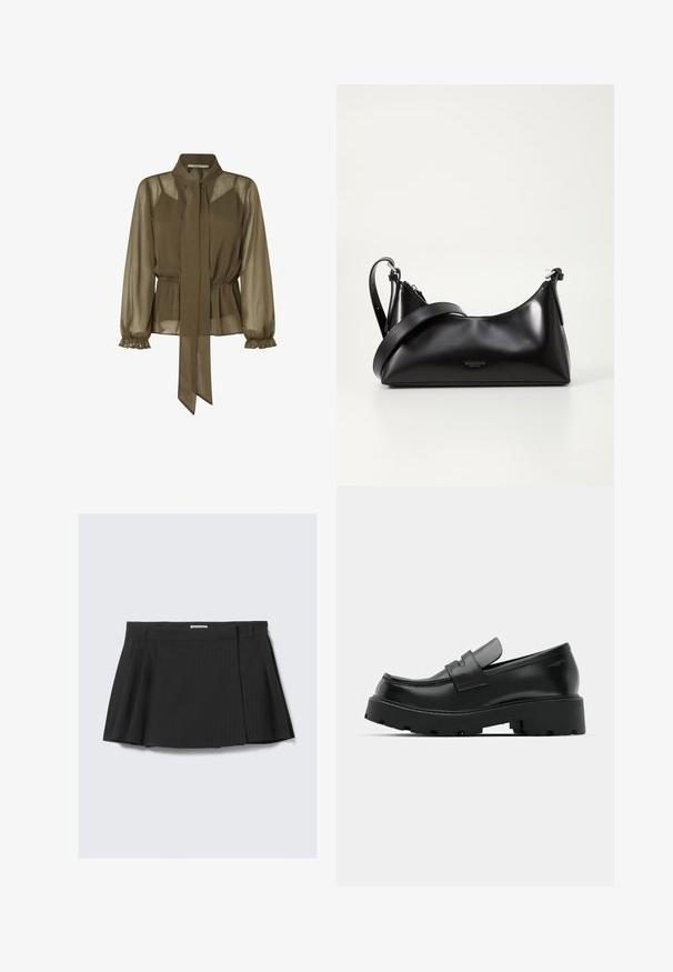 Olijfgroene, doorschijnende blouse met een gestrikt kraagje, elastische tailleband en gerimpelde lange mouwen. Lichtgewicht stof met een vloeiend ontwerp.; Zwarte geplooide rok met een streeppatroon, gemaakt van een gestructureerde stof met een tailleband, ontworpen voor een figuuraccentuerende pasvorm.; Zwarte leren instappers met een chunky, gestructureerde zool, voorzien van een band over de voet en een gladde, gepolijste afwerking.; Zwarte leren handtas met een gladde textuur. Beschikt over een verstelbare schouderband en een strak, minimalistisch ontwerp met een ritssluiting.