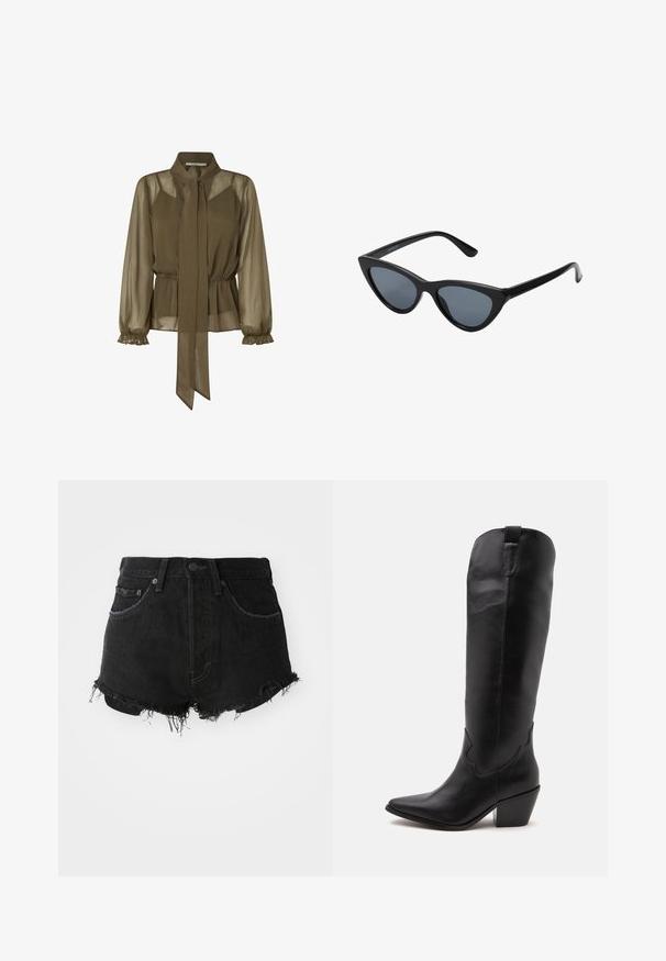 Olivenfarvet, gennemsigtig bluse med en bundet krave, elastisk talje og flæseærmer. Letvægtsstof med et flydende design.; Sorte denim shorts med en frynset kant, klassisk fem-lomme design og metalknap lukning. Mor med høj talje og slidt tekstur.; Høj sort lædercowboystøvle med spids tå, lav blokhæl og minimal syning, vist fra siden på hvid baggrund.; Sorte katteøje solbriller med mørkegrå linser, slankt plastisk stel, spidse hjørner og lige stænger. Ingen synlig hardware eller dekorationer.