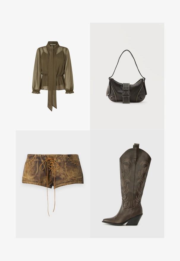 Olijfgroene, doorschijnende blouse met een gestrikt kraagje, elastische tailleband en gerimpelde lange mouwen. Lichtgewicht stof met een vloeiend ontwerp.; Bruine vetershorts met een gestructureerd oppervlak en contrasterende tan veters. Voorzien van oogjes en een aansluitend ontwerp voor een snug uiterlijk.; Bruine leren cowboylaars met een spitse neus, wiggenhak en decoratieve borduursels. Heeft een hoge schacht en een trekriem.; Zwarte leren schoudertas met gespsluiting aan de riem, afgeronde hoeken en contrasterende witte stiksels op een effen achtergrond.