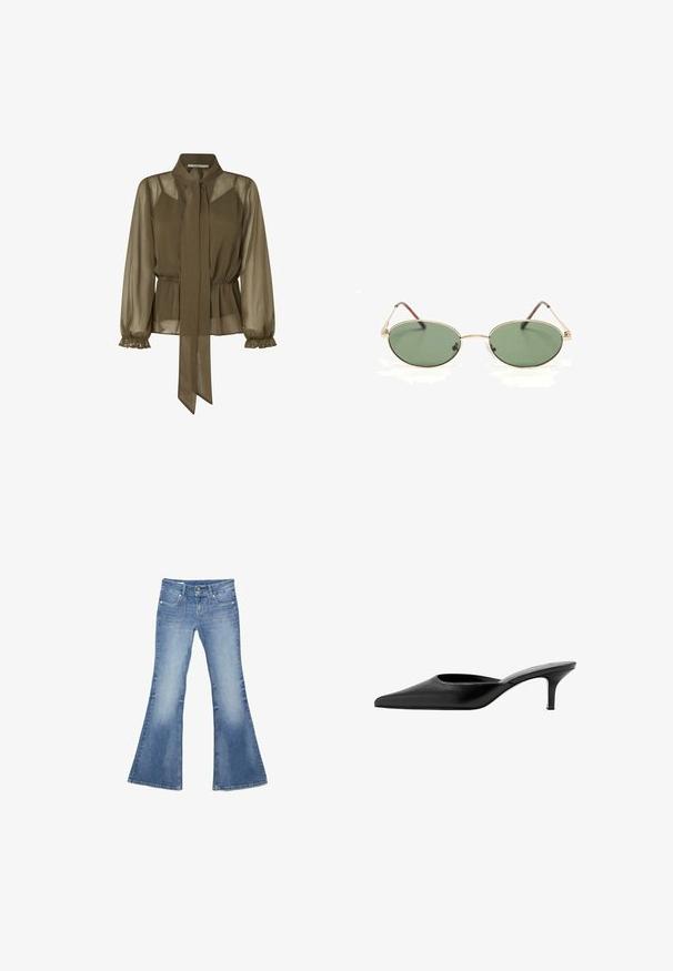Olivenfarvet, gennemsigtig bluse med en bundet krave, elastisk talje og flæseærmer. Letvægtsstof med et flydende design.; Lyseblå denimjeans med brede, flagrende ben, forlommer med lap og dobbeltknaplukning på hvid baggrund.; Sort læder mule med spids tå, lav, slank hæl og design uden hæl, som man nemt kan træde i.; Ovære solbriller med guldramme i metal og grøntonede linser med tynde arme, der hviler på en hvid overflade.