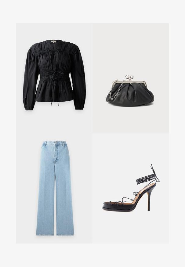 Blusa negra de manga larga con tela recogida, cintura fruncida y detalle de lazo, que presenta un escote redondo y una textura suave.; Jeans de mezclilla de corte ancho en azul claro con una cintura alta, con cinco pasadores para cinturón, cierre frontal con botón y costuras cosidas.; Sandalia negra de tacón alto con finas tiras de cuero que envuelven el pie y el tobillo, con un tacón de aguja puntiagudo.; Clutch de cuero negro con textura arrugada, marco de metal en tono plateado, cierre de beso y cadena para colgar. Superficie suave y lisa.