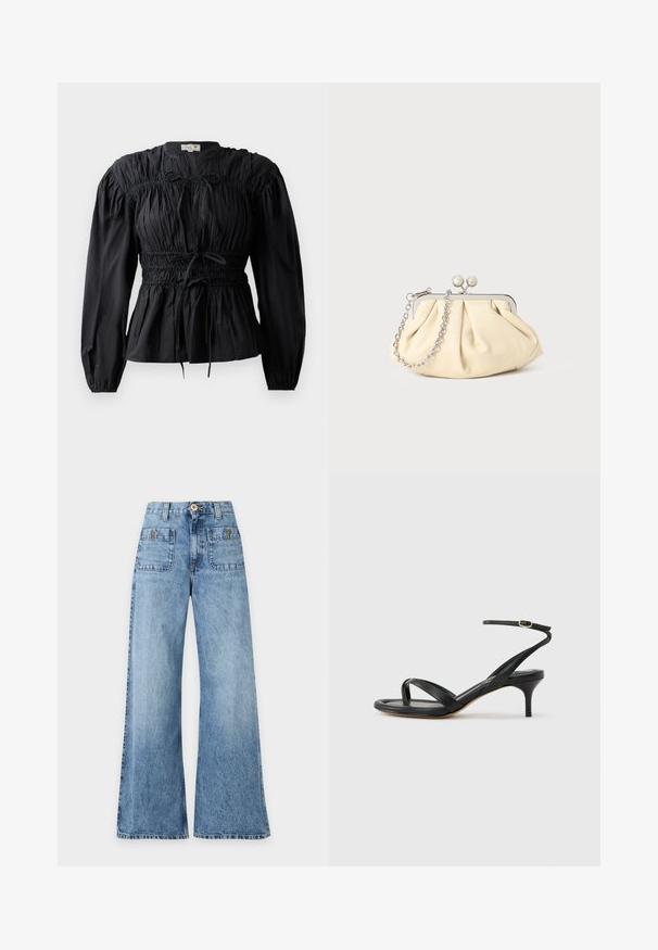 Sort bluse med lange ærmer, rynket stof, smocket talje og bindedetalje, med rund halsudskæring og glat overflade.; Blå denim jeans med høj talje og vide ben, foran med lappede lommer og bæltestropper, knap- og lynlås-lukning.; Sort damesandal i læder med tynde remme, en tå-loop, ankelspænde og en mellemhøj stiletthæl på en neutral baggrund.; Plisseret beige læderclutch med en sølvmetalramme, der har to runde dekorative låse og en sølvkædetrasporte.