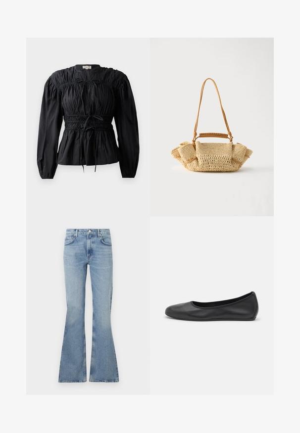 Sort bluse med lange ærmer, rynket stof, smocket talje og bindedetalje, med rund halsudskæring og glat overflade.; Lys blå, flagrende jeans lavet af denim, med høj talje, fem-lomme-design og subtil falming i hele stoffet.; Sort læderballetsko med rund tå, glat tekstur, minimal syning og et fleksibelt såldesign.; Vævet beige håndtaske med en lang tynd strop og opsamlede sider, med et kort håndtag indpakket i læder til forskellige bære muligheder.