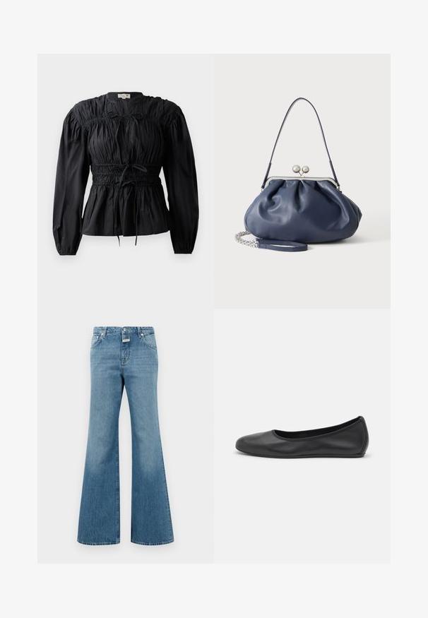 Blusa negra de manga larga con tela recogida, cintura fruncida y detalle de lazo, que presenta un escote redondo y una textura suave.; Vaqueros de mezclilla de color azul claro, acampanados, con una cintura de media altura, que cuentan con bolsillos frontales, un cierre de botón sencillo y detalles de desgaste sutil.; Bailarina de piel negra con punta redondeada, textura suave, detalle de costura minimalista y diseño de suela flexible.; Bolso de mano de cuero azul marino suave con cierre de broche plateado, una correa de hombro y correa de cadena desmontable para la muñeca sobre fondo blanco.