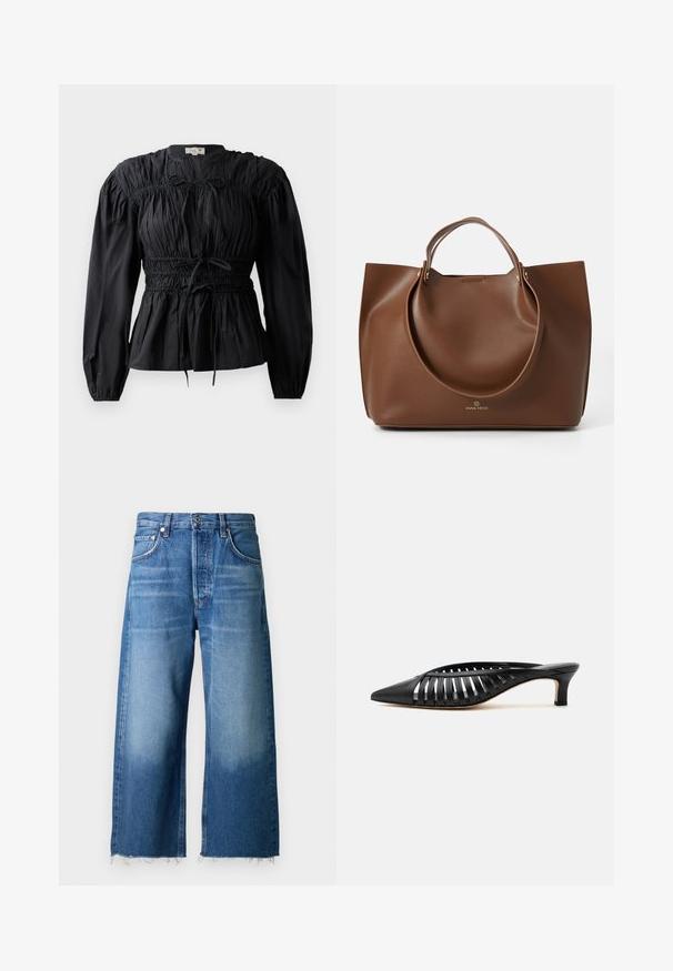 Sort bluse med lange ærmer, rynket stof, smocket talje og bindedetalje, med rund halsudskæring og glat overflade.; Lyseblå denim brede ben jeans med en frynset kant, designet med fem lommer og en knaplukning i taljen.; Sort læder mule med spids snude, stropdetalje og lav kittenhælk på hvid baggrund.; Brun læder tote bag med en glat tekstur, store runde håndtag, prydet med minimalistisk design og logo prentet på bunden.