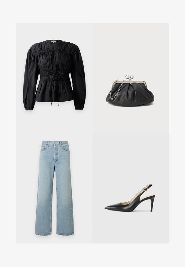 Sort bluse med lange ærmer, rynket stof, smocket talje og bindedetalje, med rund halsudskæring og glat overflade.; Lyseblå vide bukser i denimstof med høj talje. Har fem lommer, knaplukning og subtilt falmet tekstur.; Sorte læder slingback højhælede sko med spids tå, justerbar rem og en slank stiletto hæl, der har en glat finish.; Sort læder clutch med samlet tekstur, sølvfarvet metalramme, kys-lås lukning og kædestrop. Glat, blød overflade.