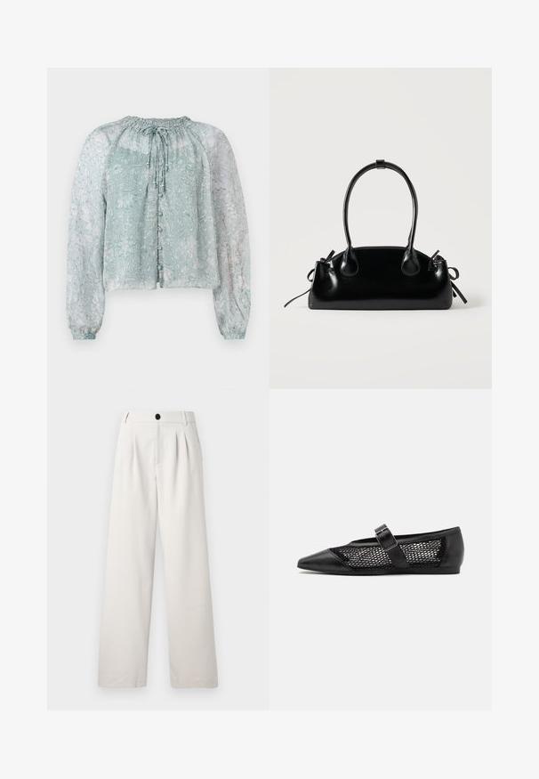Blouse légère bleu clair en tissu transparent avec un motif floral, encolure froncée, manches bouffantes longues et fermeture à boutons sur le devant.; Pantalons beige à jambes larges en tissu lisse, avec des plis avant, une fermeture à bouton unique et des poches latérales pour plus de praticité.; Chaussure plate noire avec un bout pointu, panneaux latéraux en maille et une sangle avec une boucle décorative. Fini lisse sur les sections du bout et du talon.; Petit sac à main noir brillant avec deux longues anses et des détails à cordon sur les côtés sur un fond clair uni.
