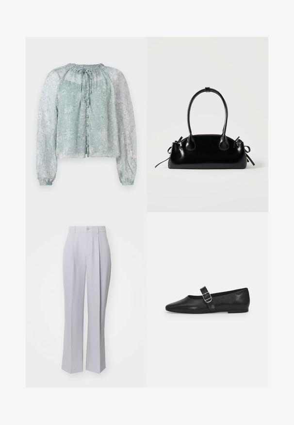 Blouse légère bleu clair en tissu transparent avec un motif floral, encolure froncée, manches bouffantes longues et fermeture à boutons sur le devant.; Pantalons taillés gris clair avec une coupe droite, présentant un pli avant unique, une fermeture à bouton et une texture tissée lisse.; Chaussure plate en cuir noir avec un bout arrondi, une seule sangle réglable à boucle et une texture lisse et brillante. Design minimaliste avec un petit talon.; Petit sac à main noir brillant avec deux longues anses et des détails à cordon sur les côtés sur un fond clair uni.