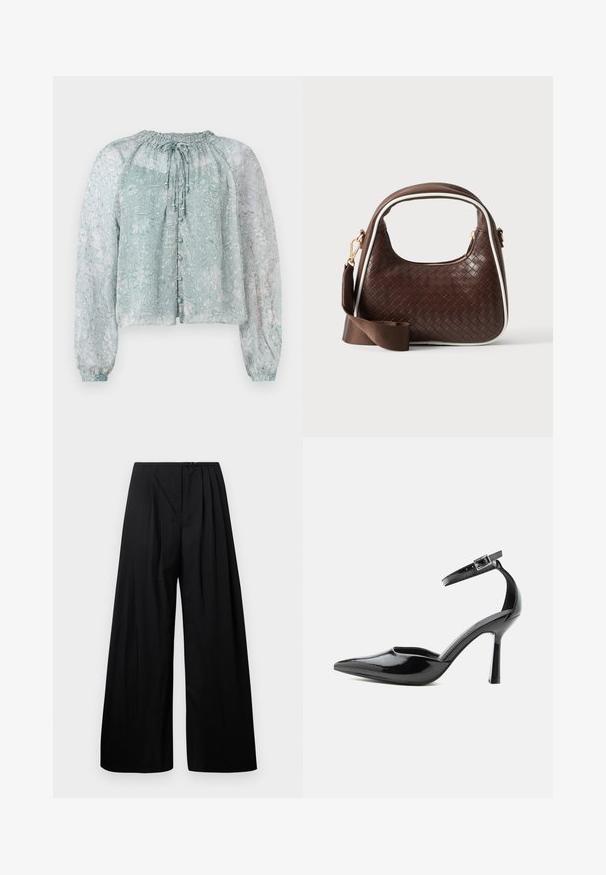 Blouse légère bleu clair en tissu transparent avec un motif floral, encolure froncée, manches bouffantes longues et fermeture à boutons sur le devant.; Pantalons larges noirs à taille haute, dotés de plis verticaux et d'une fermeture à bouton. Texture lisse, design minimaliste.; Escarpin à talon haut en cuir verni noir à bout pointu avec bride à la cheville et boucle argentée, talon stiletto, vue de côté sur fond uni.; Sac à main en cuir tressé marron avec passepoil blanc, fermeture éclair dorée et bandoulière amovible en tissu marron.