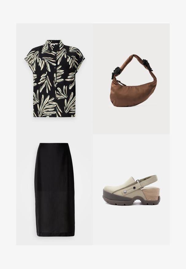Musthave musta lühikeste varrukatega särk, millel on valge ja helesinine lehe muster, nupukinnitatud ees ja tavaline krae.; Must have pihaga must skortsir sujuva disainiga, valmistatud siledast kangast. Omab vööd ja põlvepikkust äärt.; Beež värviga kinnise varbapadjaga jalats, reguleeritava pahkluu rihmaga, paksu pruunika soonilise tallaga ja puidutekstuuri blokiajalohega.; Pruun poolkuu-kujuline käekott, millel on pehmendatud käepide ja musta tekstuuriga kangaste aktsendid kummalgi küljel ning lukuga sulg.