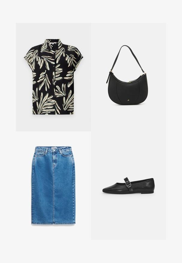 Zwart shirt met korte mouwen, versierd met een wit en lichtblauw bladerenpatroon, met een knopenlijst aan de voorkant en een normale kraag.; Denim rok in medium blauw, met een rechte snit, hoge taille, voorzakken en subtiele stikdetails.; Zwarte leren platte schoen met een ronde neus, een enkele verstelbare gespsluiting en een gladde, glanzende textuur. Minimalistisch ontwerp met een lage hak.; Zwarte leren handtas met een gebogen vorm, textuuroppervlak, voornaden en een logo in goudkleur. Beschikt over een enkele verstelbare schouderband.