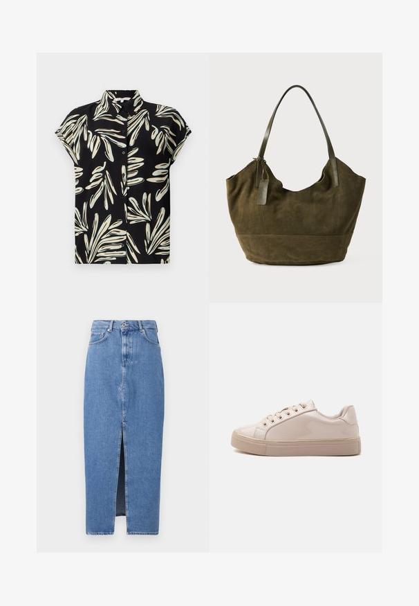 Schwarzes Kurzarmhemd mit einem weißen und hellblauen Blattmuster, mit einer Knopfleiste und einem normalen Kragen.; Hellblaues Denim-Midi-Rock mit einem vorderen Schlitz, klassischem Fünf-Taschen-Design und einem oberen Knopfverschluss. Der Stoff hat eine leichte Textur.; Glänzender beigefarbener Low-Top-Sneaker mit Schnürsenkeln, goldenen Ösen und dicker Gummisohle, seitlich auf weißem Hintergrund gezeigt.; Olivgrüne Wildleder-Shopper-Tasche mit einem glatten Leder-Schulterriemen und einem kleinen Lederanhänger, der in der Nähe der Riemenbefestigung hängt.
