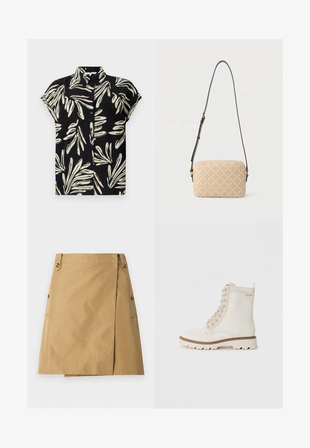Chemise noire à manches courtes avec un motif de feuilles blanc et bleu clair, dotée d'une fermeture à boutons devant et d'un col classique.; Jupe beige en tissu lisse avec un revêtement avant, dotée de deux poches latérales et de deux boutons à la taille.; Bottine blanche en cuir avec un bout arrondi, semelle en caoutchouc beige et petite languette à l'arrière. Présente des détails de couture subtils.; Sac bandoulière rectangulaire beige avec un motif discret en croix et une bandoulière en cuir marron foncé réglable avec des ferrures dorées.