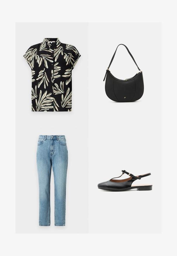 Camisa negra de manga corta con un patrón de hojas en blanco y azul claro, con un cierre de botones en la parte delantera y un cuello normal.; TOM TAILOR DENIM Vaqueros mom - clean mid stone blue denim; Zapato plano slingback de cuero negro con T-correa y hebilla dorada sobre fondo neutro.; Bolso de mano de cuero negro con forma curva, superficie texturizada, costuras frontales y un logo en tono dorado. Cuenta con una sola correa ajustable.