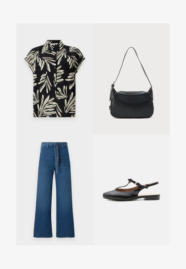 Čierna krátkosrstá košeľa s bielym a svetlomodrým vzorom listov, s gombíkovým zapínaním vpredu a normálnym golierom.; TOM TAILOR DENIM TTMIJA CULOTTE FIT - Zvonové džínsy - used mid stone blue denim; Čierna kožená plochá slingback obuv s T-remienkom a zlatou prackou na neutrálnom pozadí.; Čierna kožená kabelka na rameno s hladkou textúrou, zaobleným tvarom a tenkým remienkom. Má zipsové zapínanie a minimálne kovové doplnky.