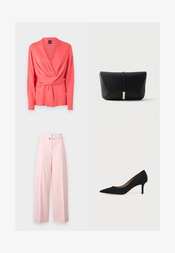 Haut enveloppant à manches longues corail avec un décolleté en V profond et un devant froncé. Fabriqué en tissu lisse, il présente une taille nouée pour un ajustement réglable.; Pantalon à jambes larges en rose doux, avec une taille haute, une ceinture à boucle argentée et des plis subtils pour plus de structure.; Escarpin en daim noir à bout pointu avec un talon stiletto fin de hauteur moyenne et un design à coupe basse sur un fond uni.; Pochette en cuir noir texturé avec un rabat avant sécurisé par une fine sangle et une boucle rectangulaire dorée.